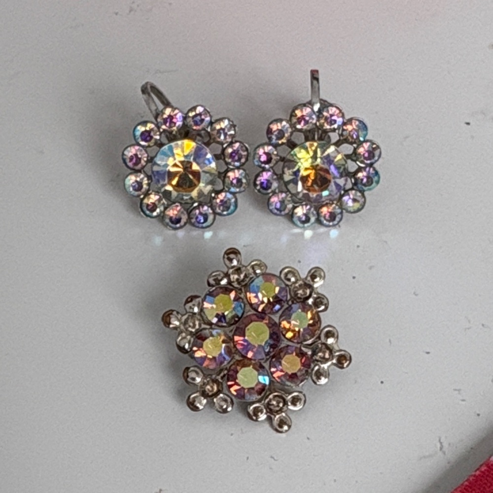 Iridescent Vintage Clip on Earrings & Brooch Set